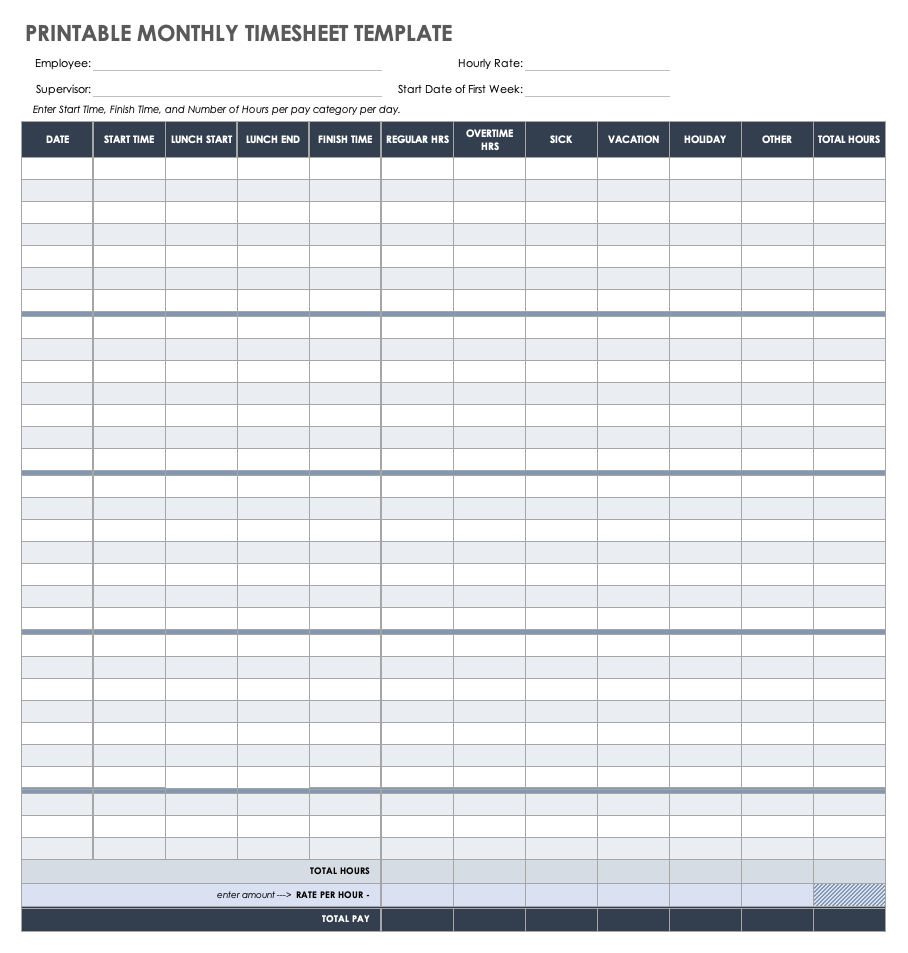 Free Monthly Timesheet &amp;amp; Time Card Templates | Smartsheet inside Free Printable Blank Time Sheets