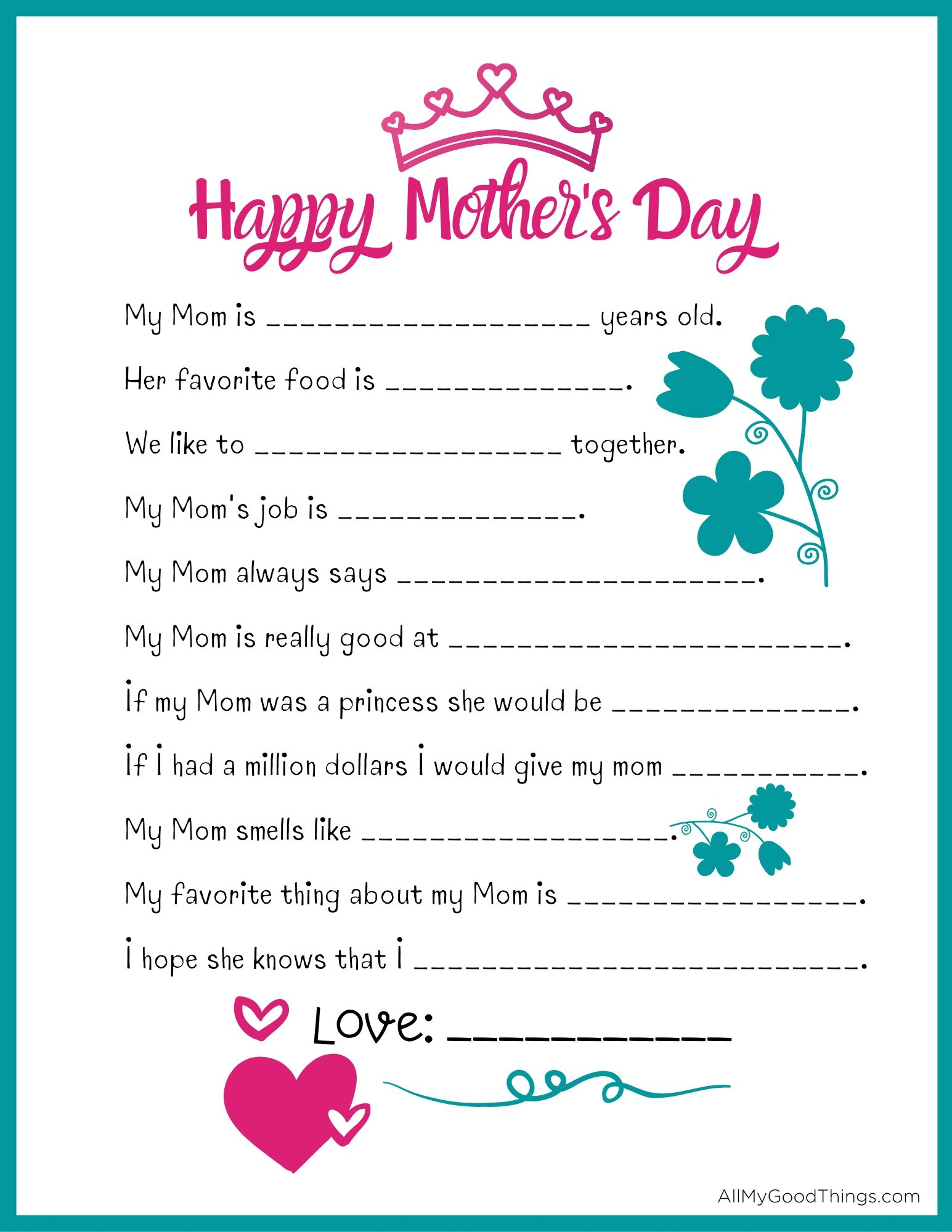 Free Mother&amp;#039;S Day Questionnaire Printable - All My Good Things inside Free Printable Mothers Day Questions