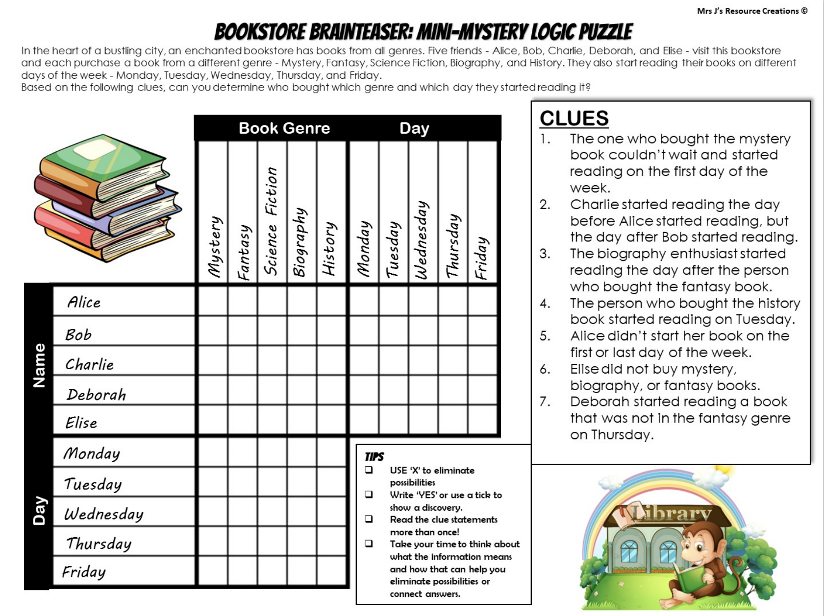 Free Mystery Logic Puzzle For Book Week - Top-Rated Teaching with Free Printable Logic Puzzles