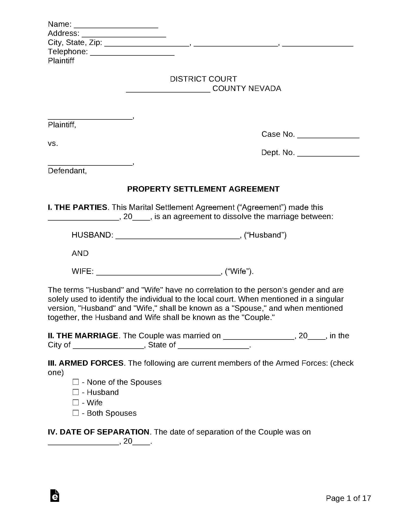 Free Nevada Marital Settlement (Divorce) Agreement - Pdf | Word with Free Printable Divorce Papers Nevada