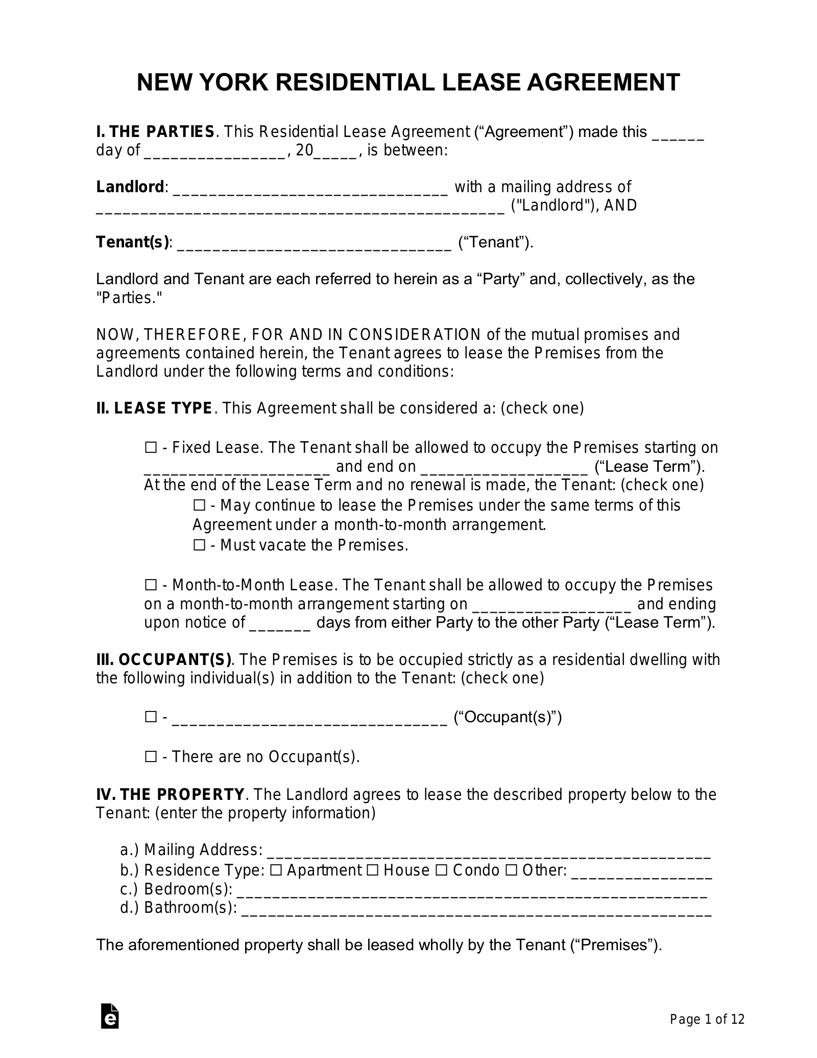 Free New York Lease Agreement Templates (10) - Pdf | Word – Eforms with regard to Free Printable Lease Agreement NY