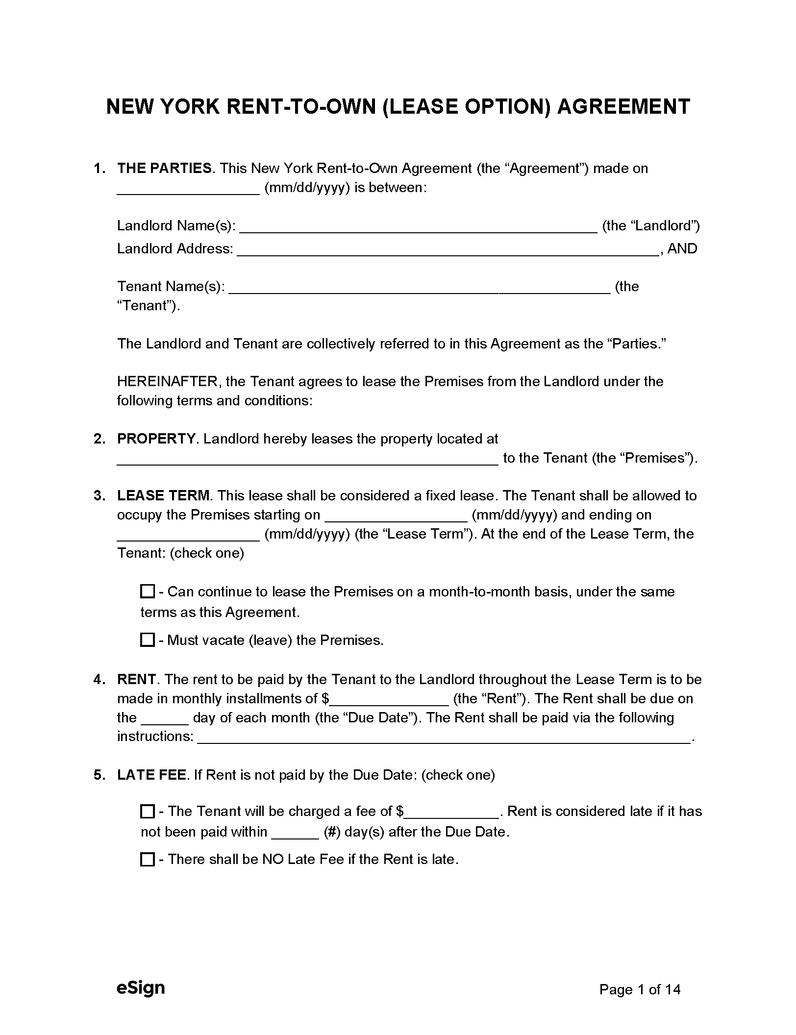 Free New York Rent-To-Own (Lease Option) Agreement | Pdf regarding Free Printable Lease Agreement Ny