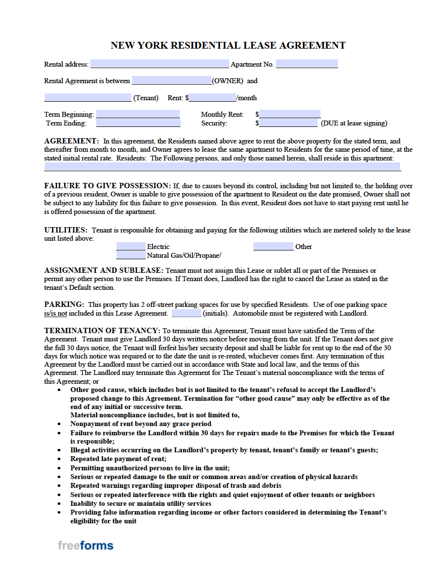 Free New York Rental Lease Agreement Templates | Pdf throughout Free Printable Lease Agreement NY