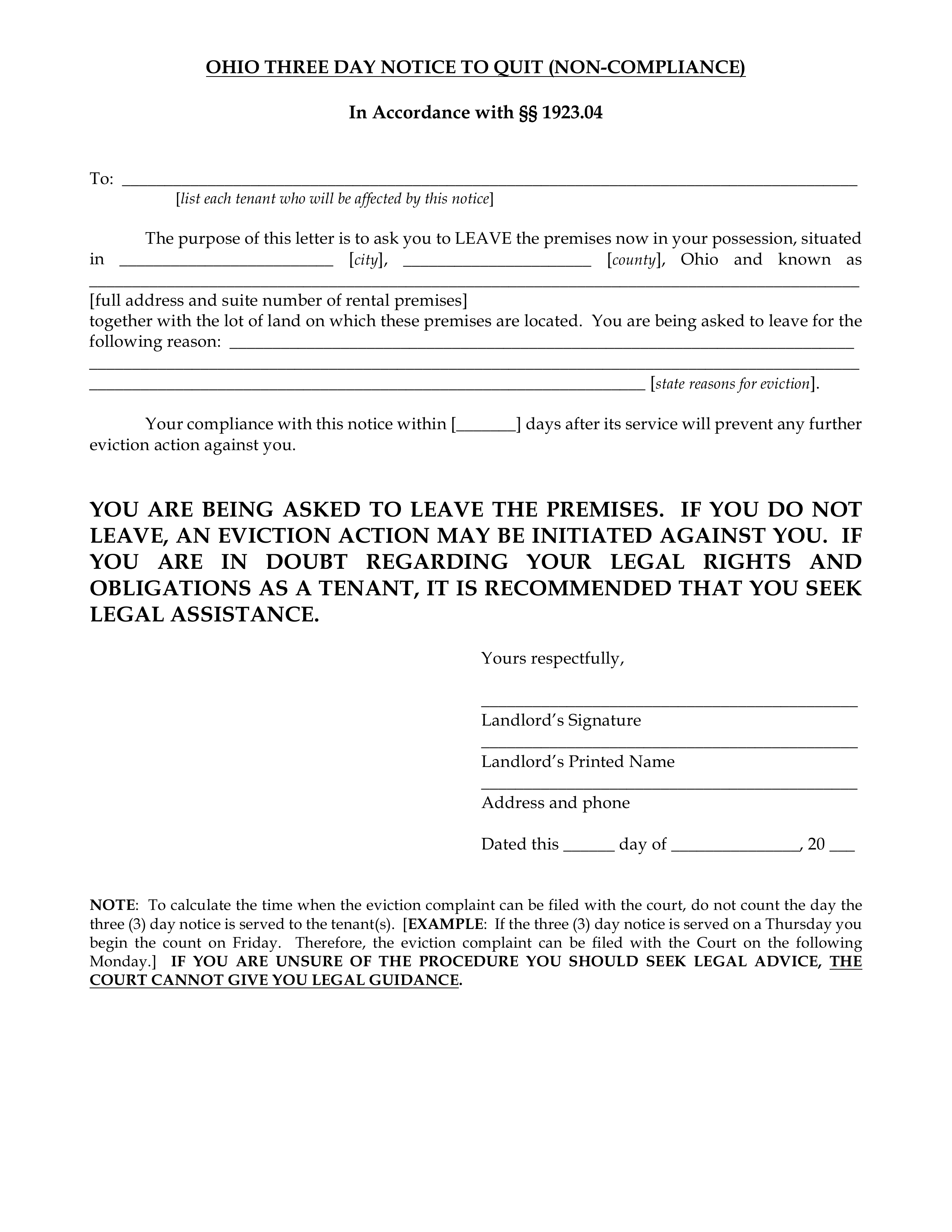 Free Ohio 3-Day Notice To Quit Form | Non-Compliance - Pdf | Word within Free Printable Eviction Notice Ohio