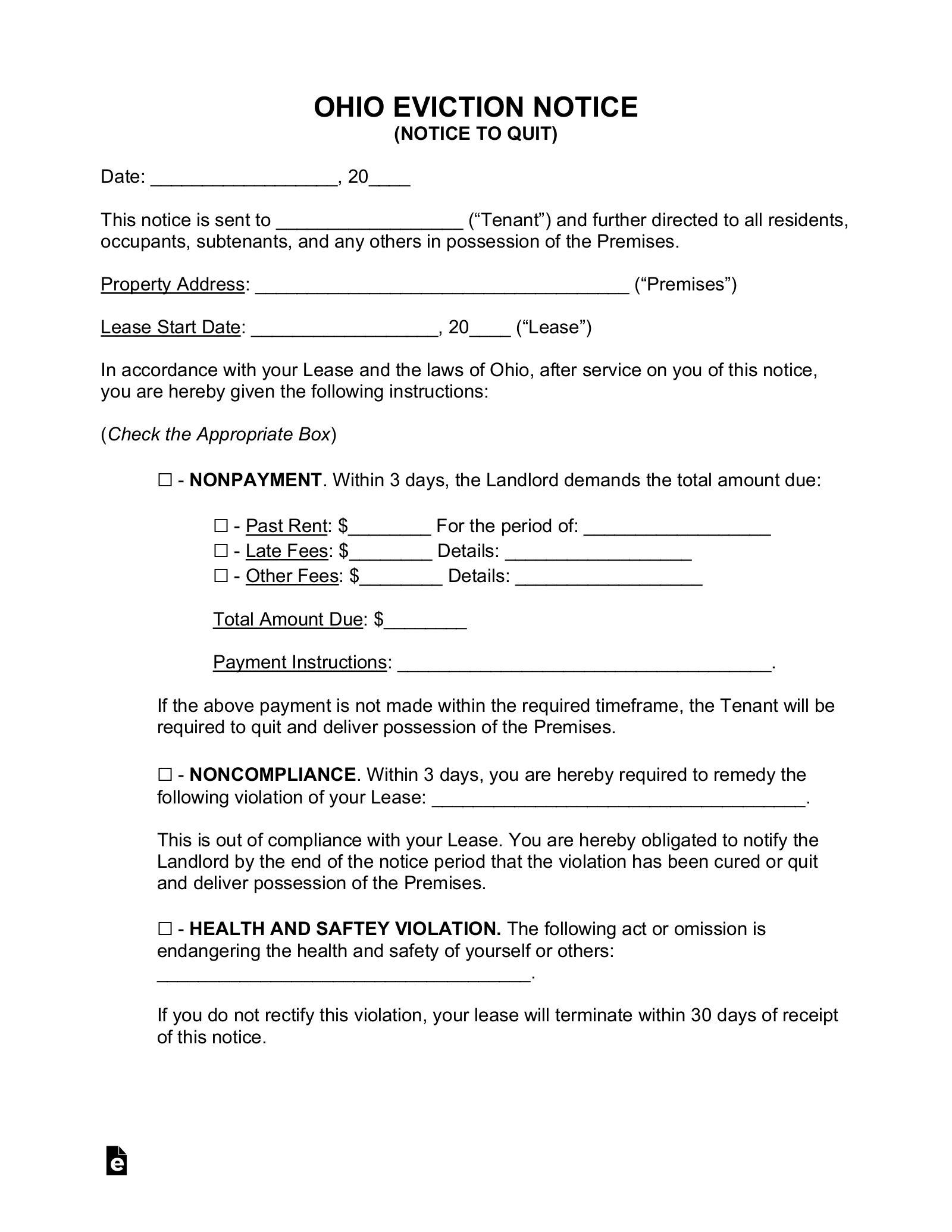 Free Ohio Eviction Notice Forms (4) - Pdf | Word – Eforms throughout Free Printable Eviction Notice Ohio