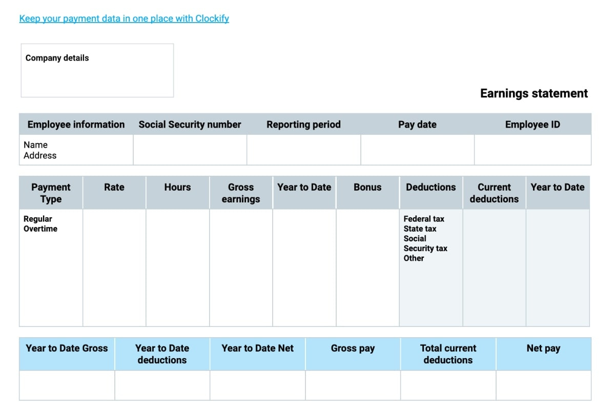 Free Pay Stub Templates — Clockify for Free Printable Blank Check Stubs