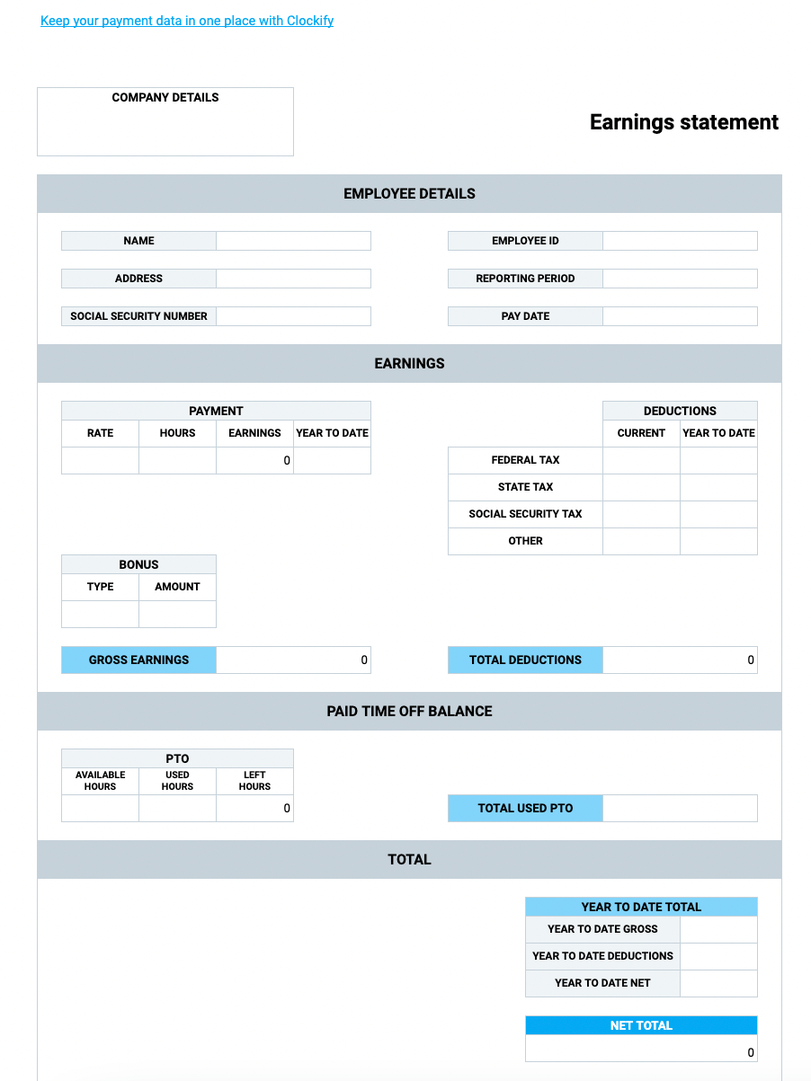 Free Pay Stub Templates — Clockify intended for Free Printable Paycheck Stubs