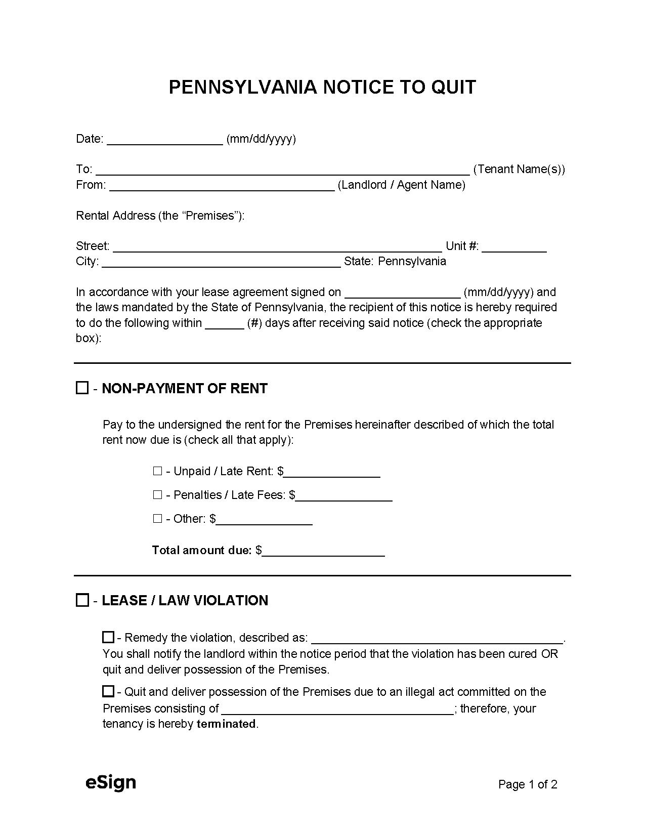 Free Pennsylvania Eviction Notice Templates (5) | Pdf | Word for Free Printable Eviction Notice PA