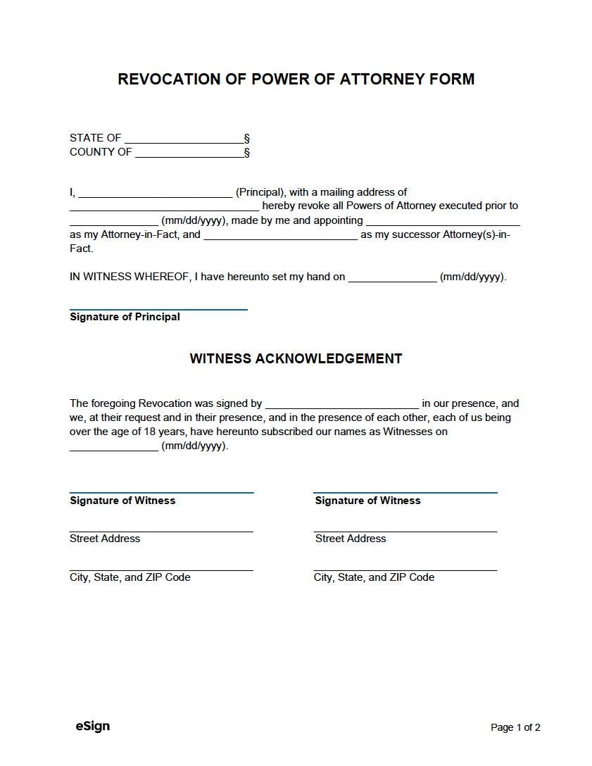 Free Power Of Attorney Revocation Form | Pdf | Word inside Free Printable Revocation Of Power Of Attorney Form