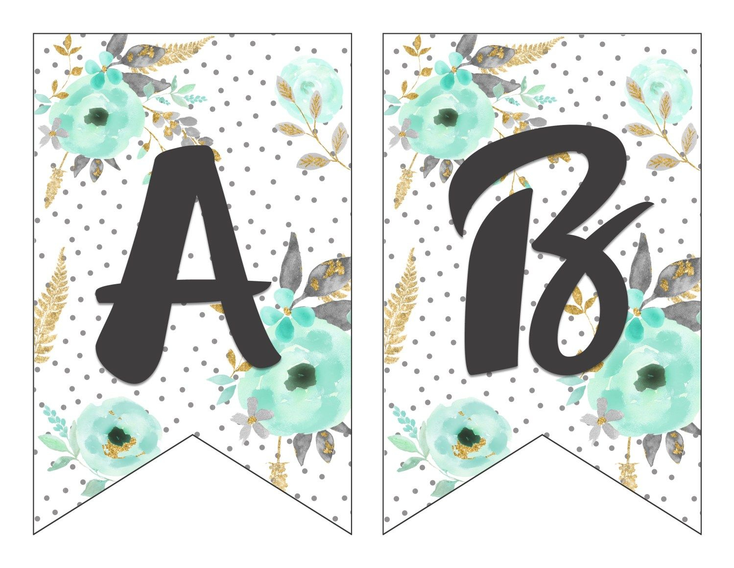 Free Printable Alphabet Banner In Mint And Gold for Free Printable Banner Letters