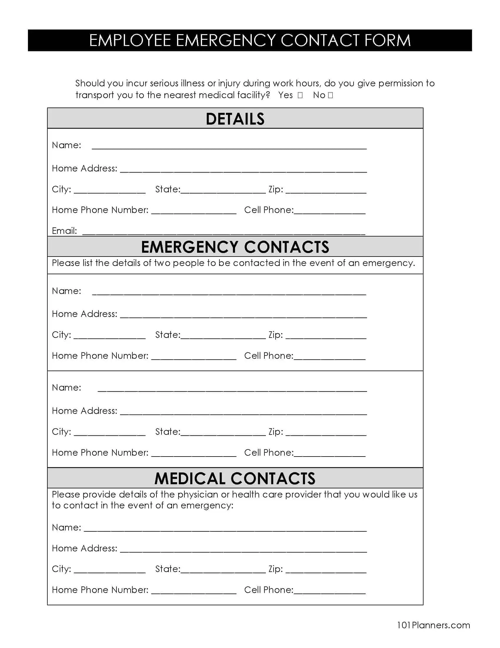 Free Printable And Editable Emergency Contact Form with regard to Free Printable Contact Forms