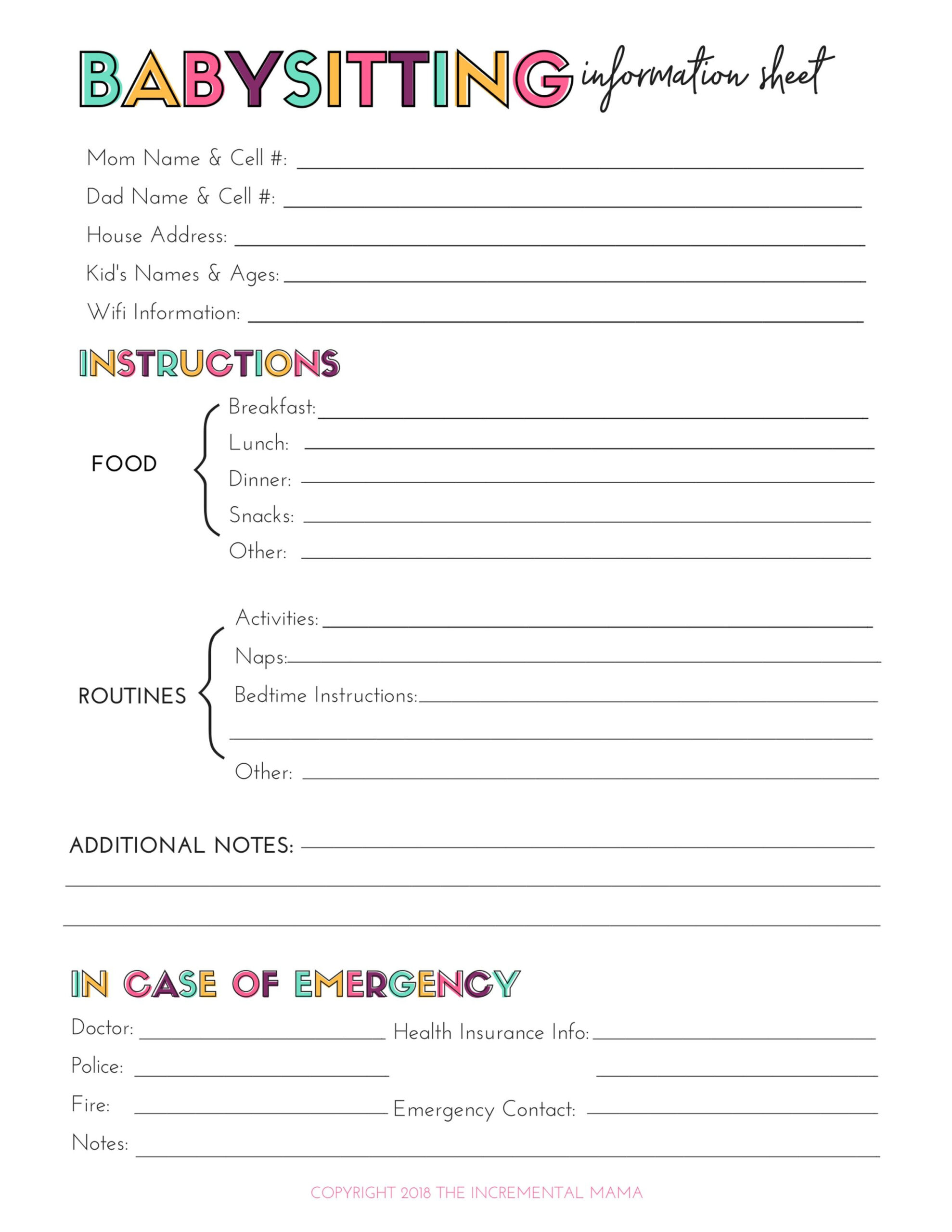 Free Printable Babysitting Information Sheet | Babysitter intended for Babysitter Notes Free Printable