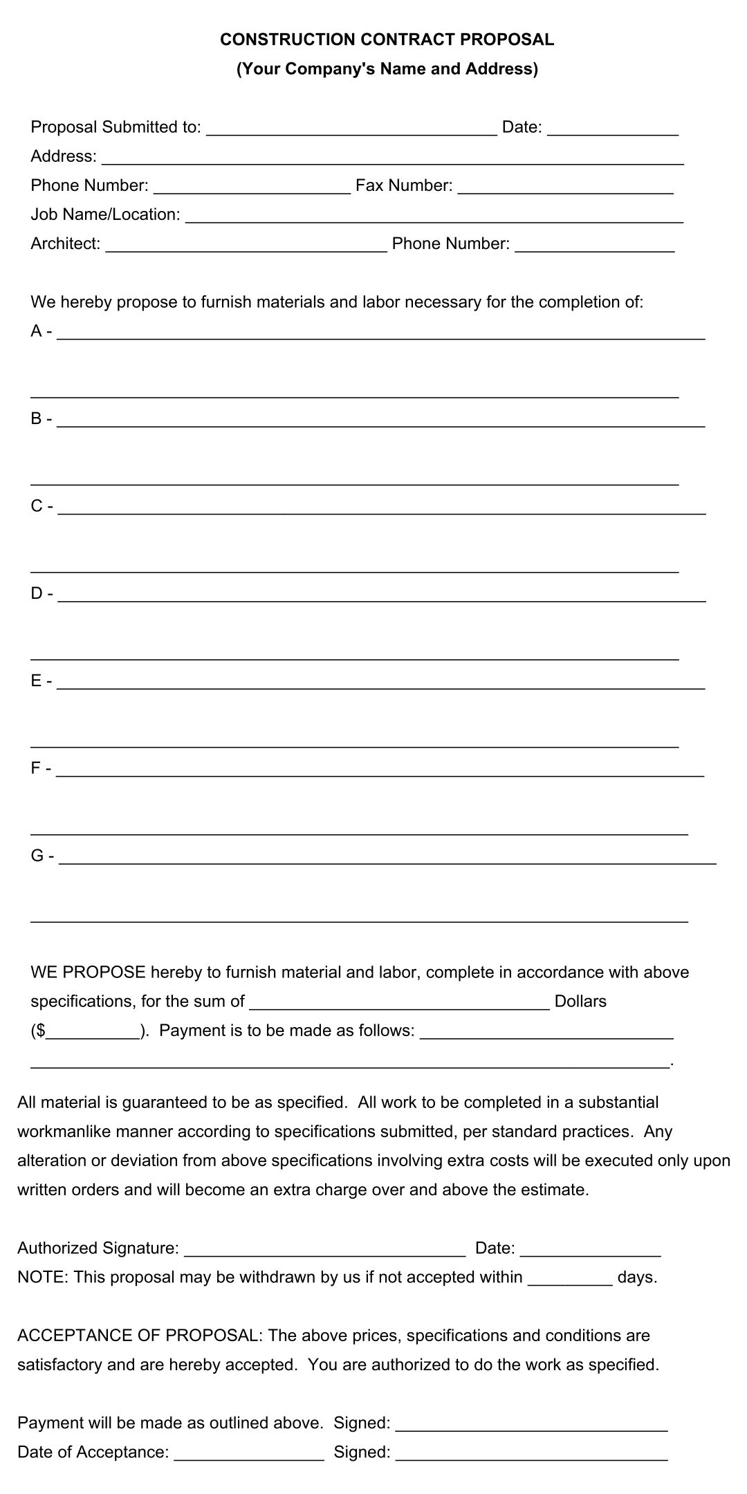 Free Printable Bid Proposal Templates with Free Printable Contractor Bid Forms