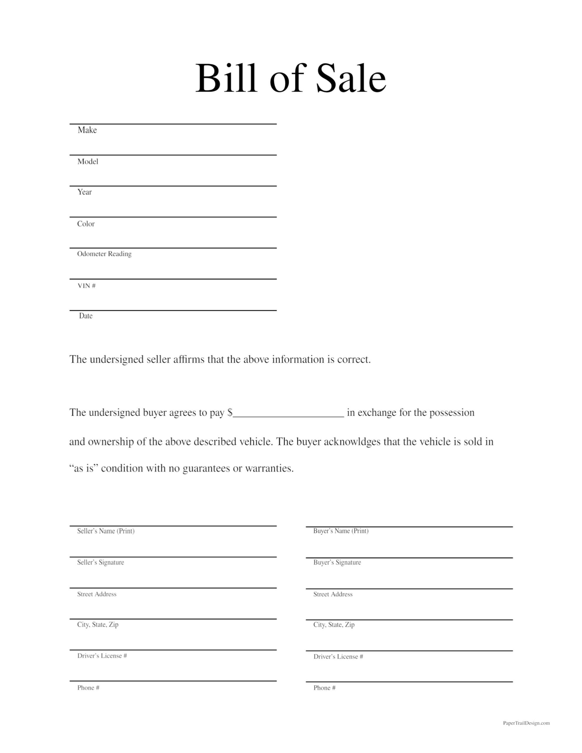 Free Printable Bill Of Sale Template - Paper Trail Design in Free Printable Blank Auto Bill of Sale