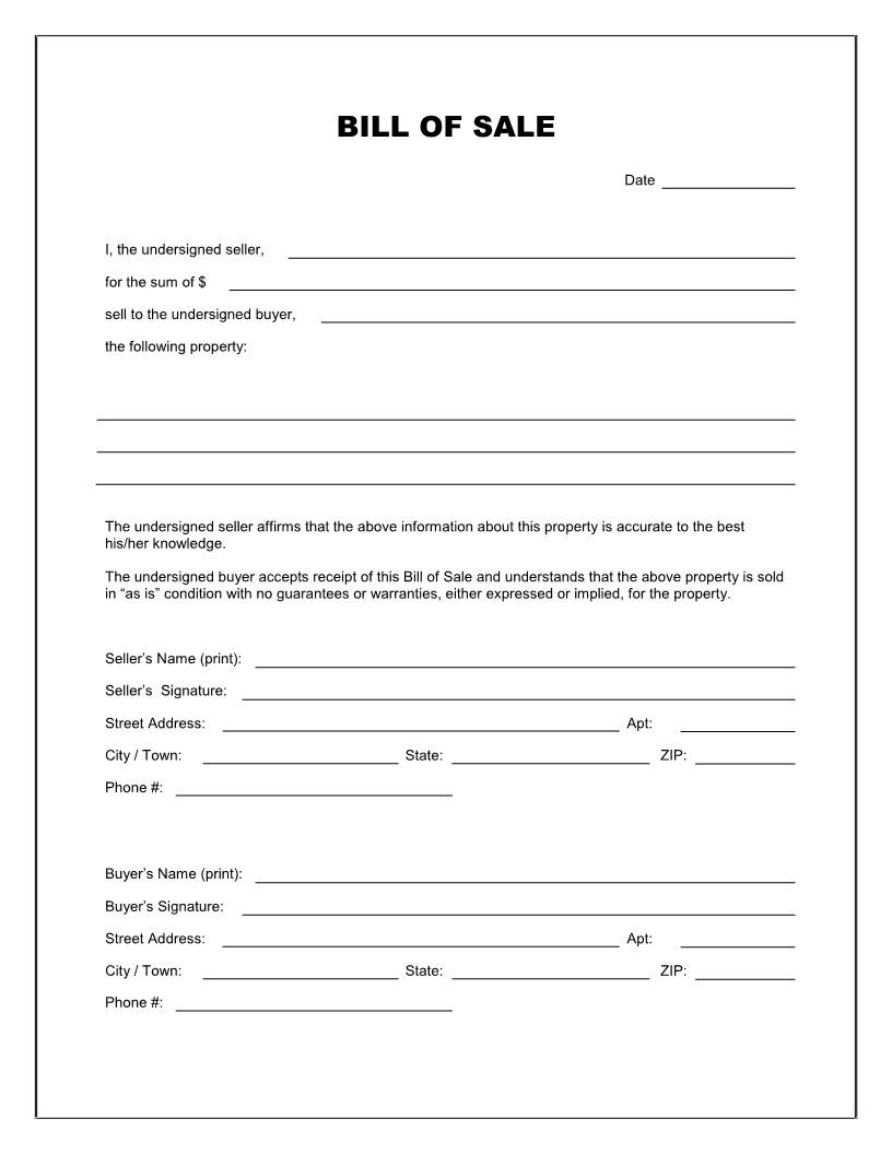 Free Printable Blank Bill Of Sale Form Template pertaining to Free Printable Generic Bill of Sale