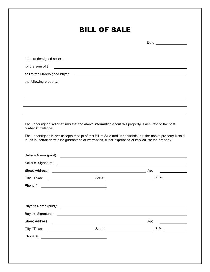 Free Printable Blank Bill Of Sale Form Template U2013 As Is Bill intended for Free Printable Bill Of Sale Form