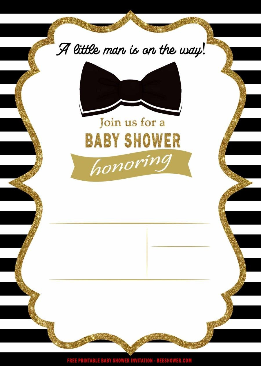 Free Printable Bow Tie With Black Stripes Baby Shower Invitation within Free Printable Black And White Baby Shower Invitations