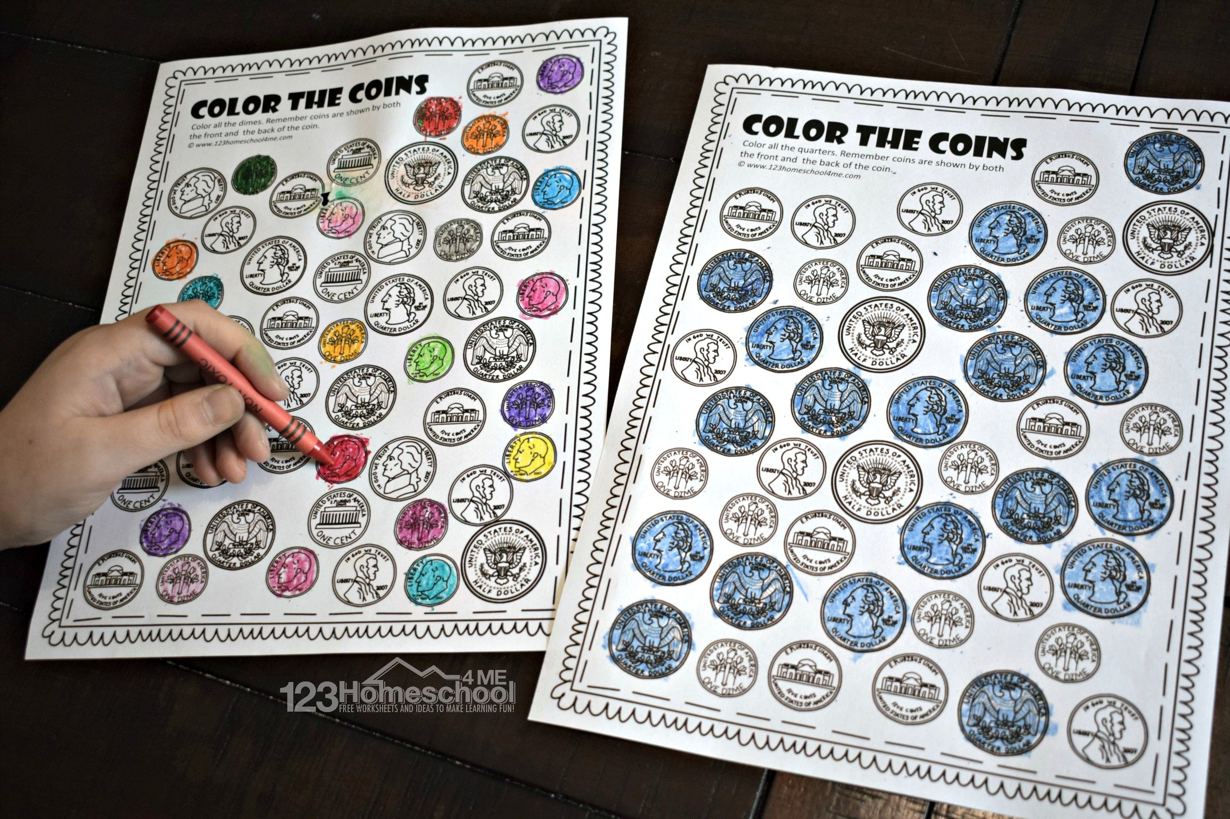 Free Printable Color The Coin Money Worksheets throughout Free Printable Money Worksheets For Kindergarten