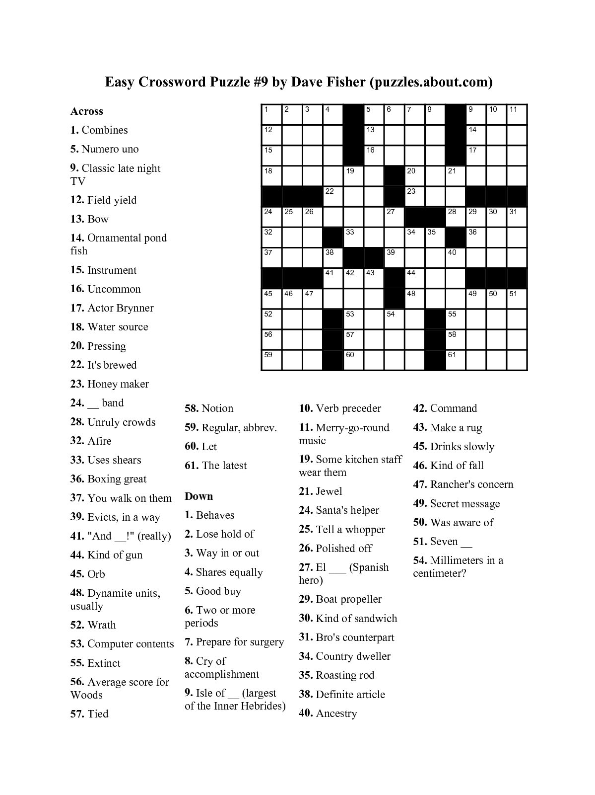 Free Printable Crossword Puzzles intended for Free Printable Easy Fill in Puzzles