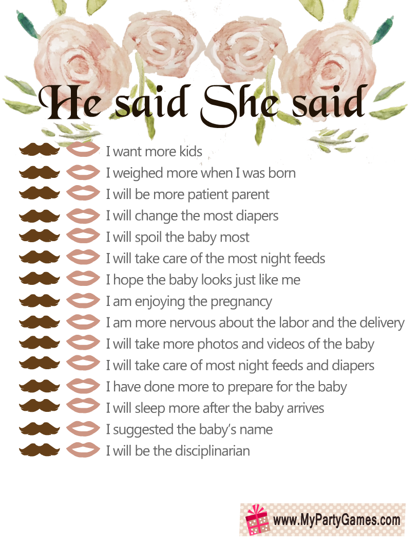 Free Printable He Said, She Said Baby Shower Game regarding He Said She Said Game Free Printable