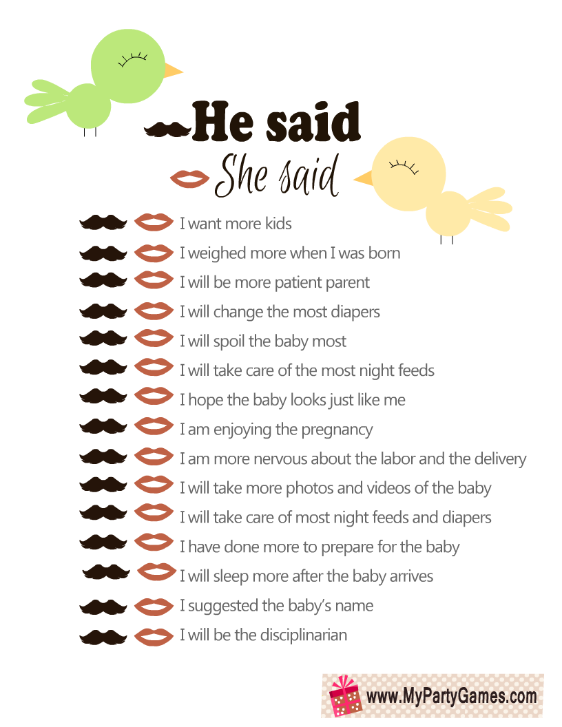 Free Printable He Said, She Said Baby Shower Game throughout He Said She Said Game Free Printable