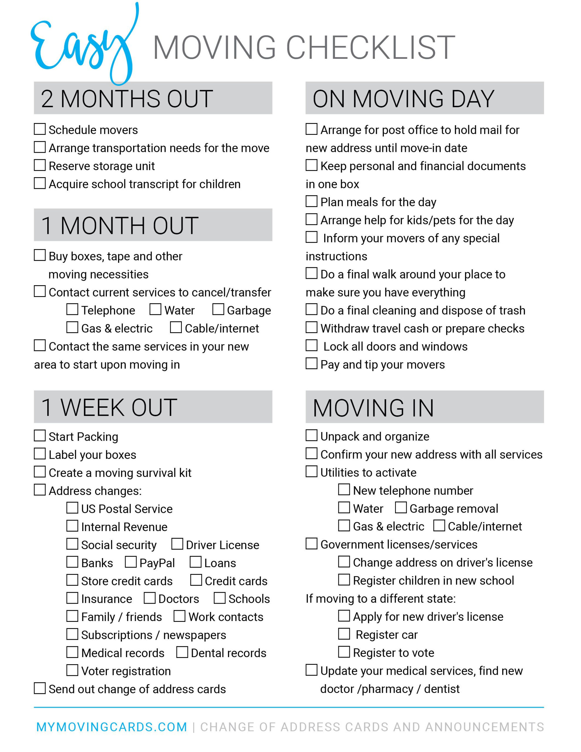 Free Printable Moving Checklist | Personalized Moving Cards throughout Free Printable Moving Checklist And Planner