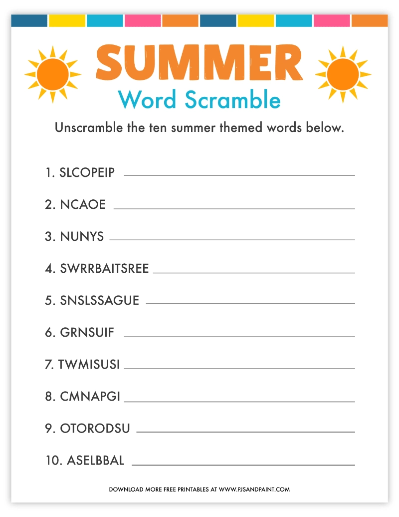 Free Printable Summer Word Scramble - Pjs And Paint regarding Unscramble Word Games Printable Free