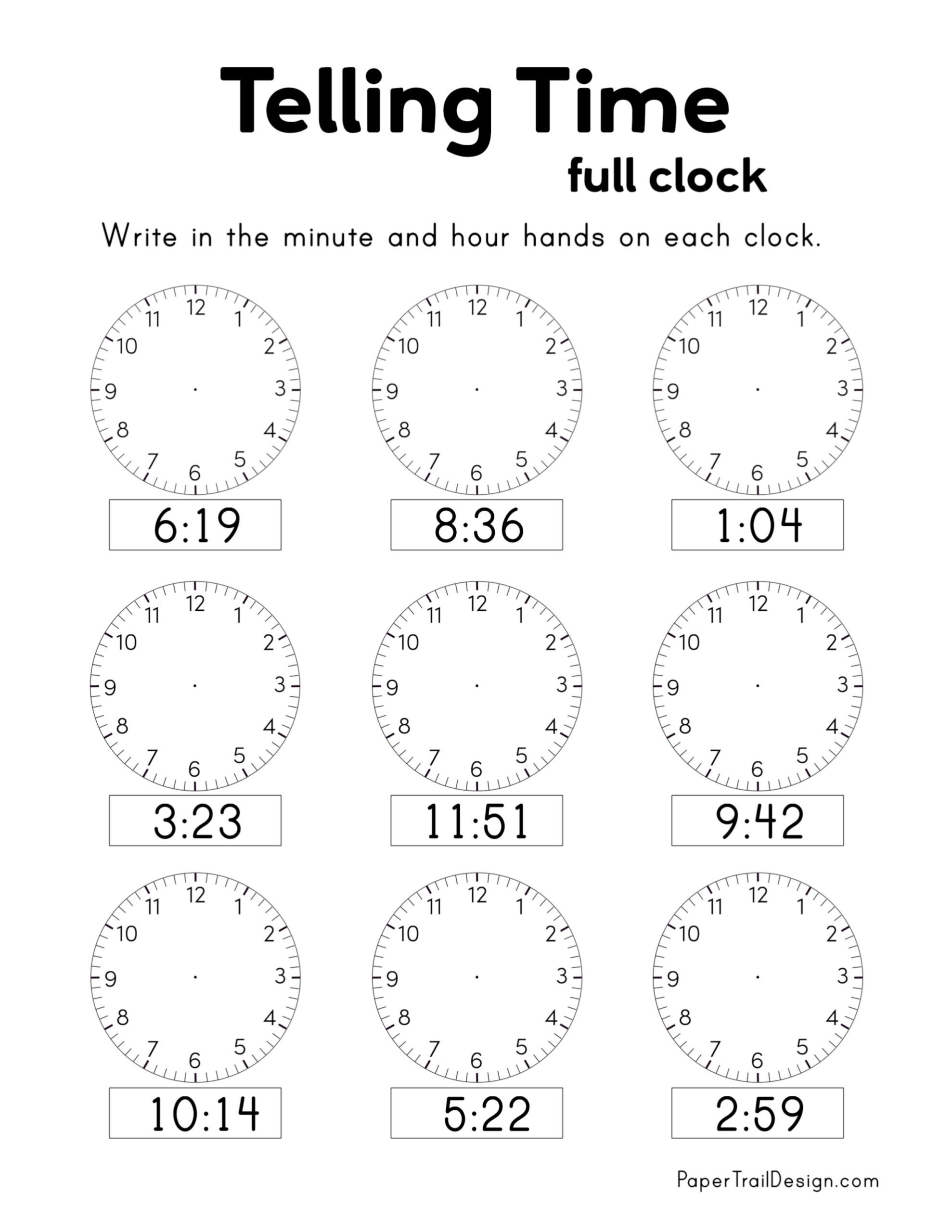 Free Printable Telling Time Worksheets - Paper Trail Design intended for Free Printable Time Worksheets for Grade 3