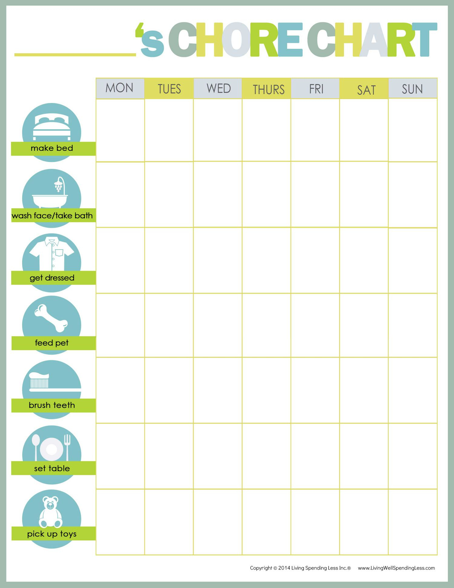 Free Printable Weekly Chore Charts for Free Printable Chore Charts for 10 Year Olds