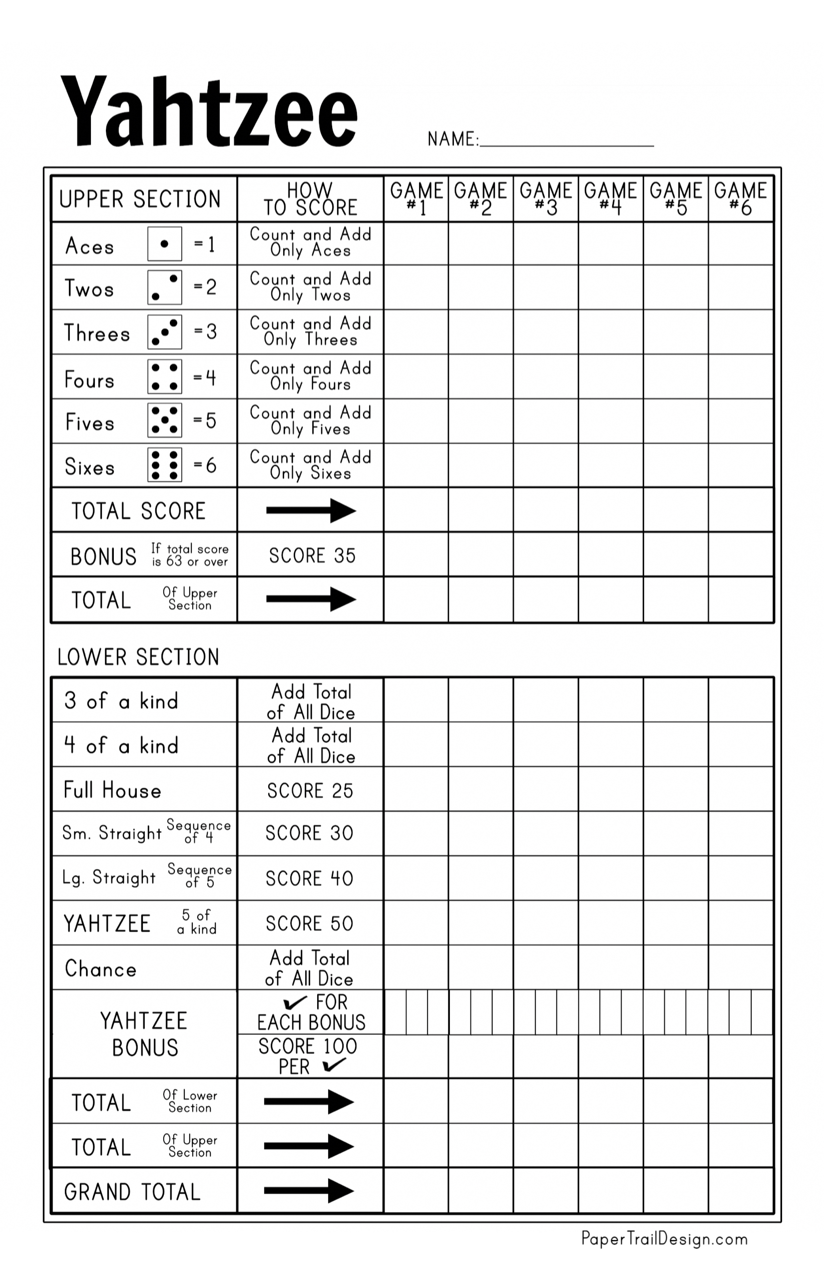 Free Printable Yahtzee Score Card - Paper Trail Design pertaining to Free Printable Yahtzee Score Sheets