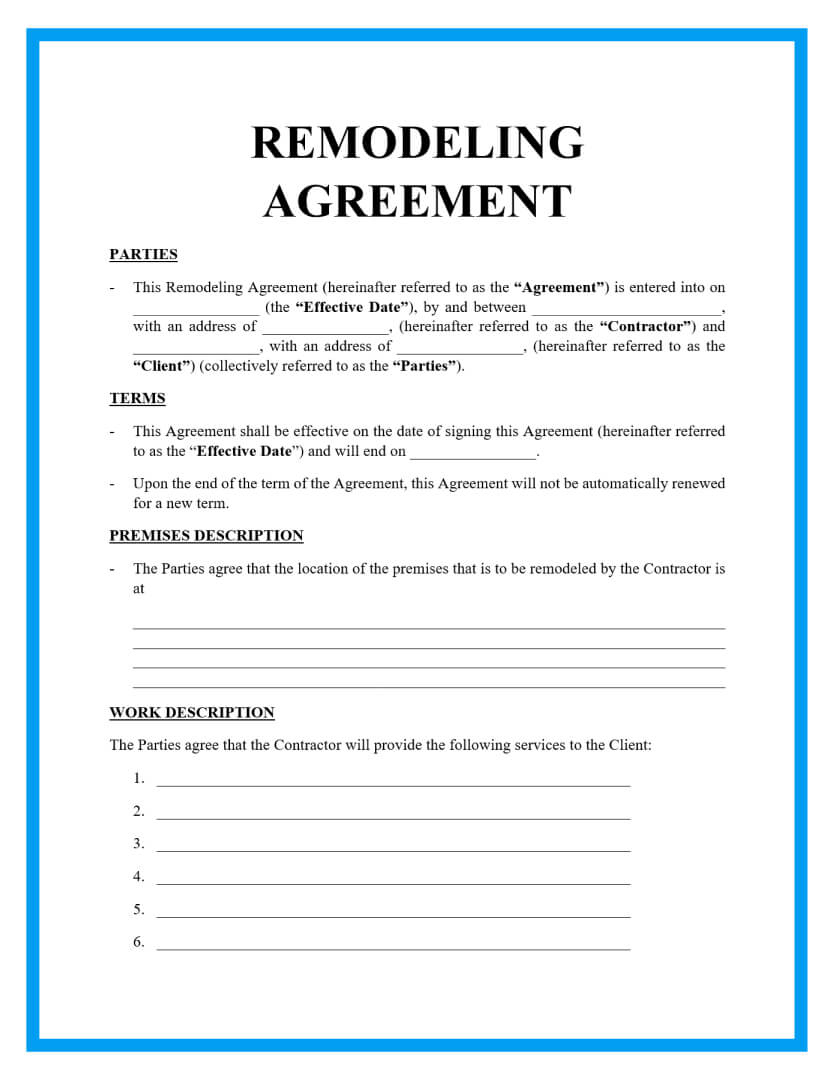 Free Remodeling Contract Template For Download for Free Printable Home Improvement Contracts