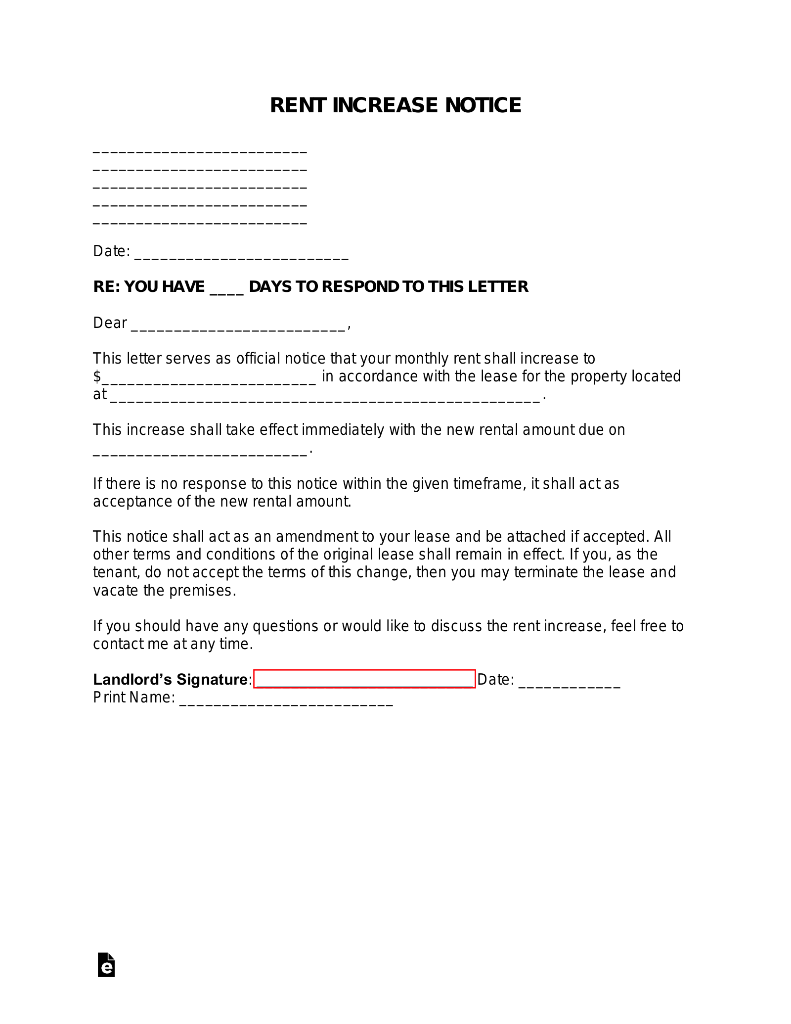 Free Rent Increase Notice Letter | Sample - Pdf | Word – Eforms regarding Free Printable Rent Increase Letter UK