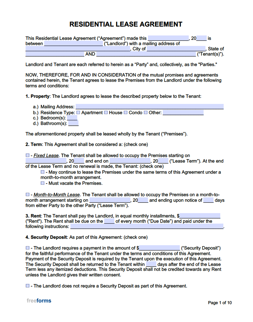 Free Rental / Lease Agreement Templates | Pdf | Word with Free Printable Lease Agreement