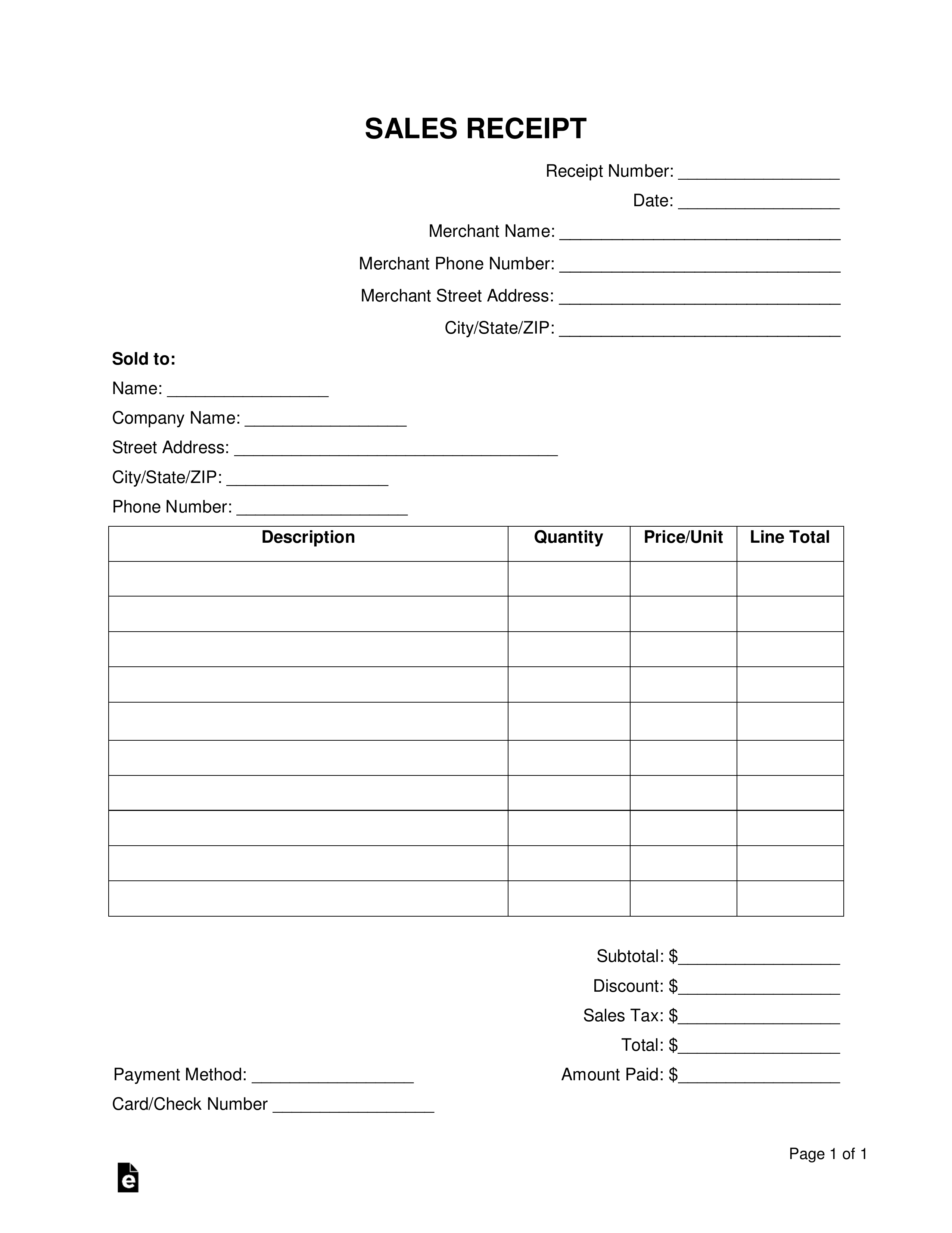 Free Sales Receipt Template - Pdf | Word – Eforms pertaining to Free Printable Blank Receipt Form