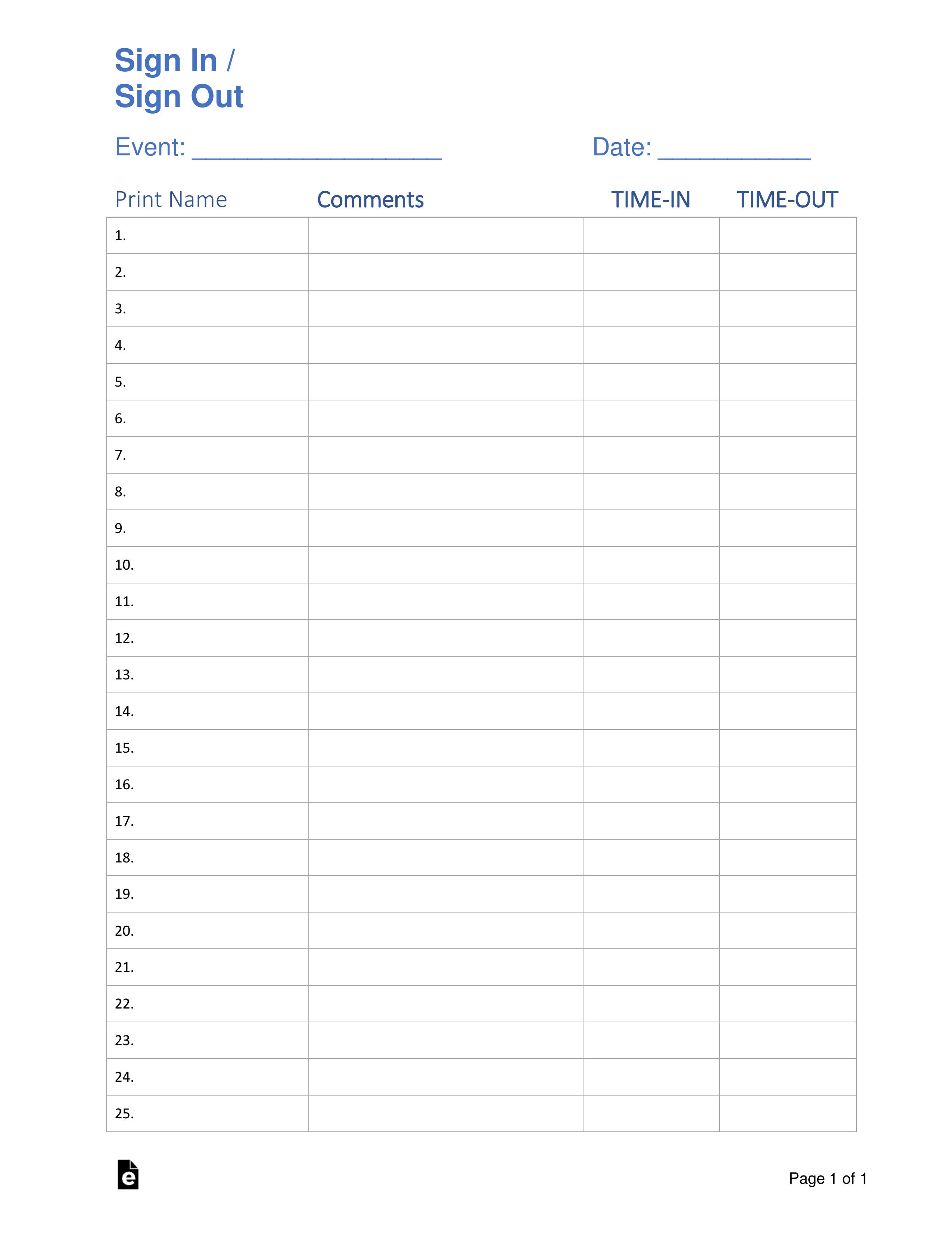 Free Sign In / Sign Up Sheet Templates - Pdf | Word – Eforms with regard to Free Printable Sign In Sheet