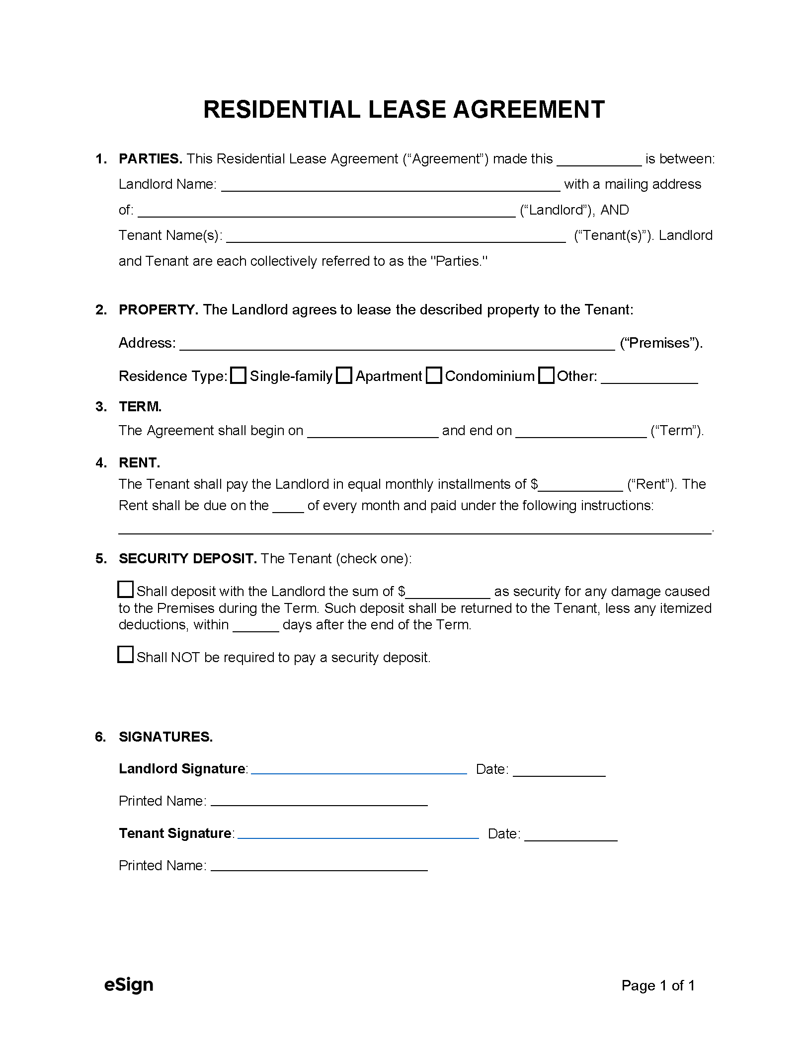 Free Simple (1-Page) Lease Agreement Template | Pdf | Word intended for Blank Lease Agreement Free Printable