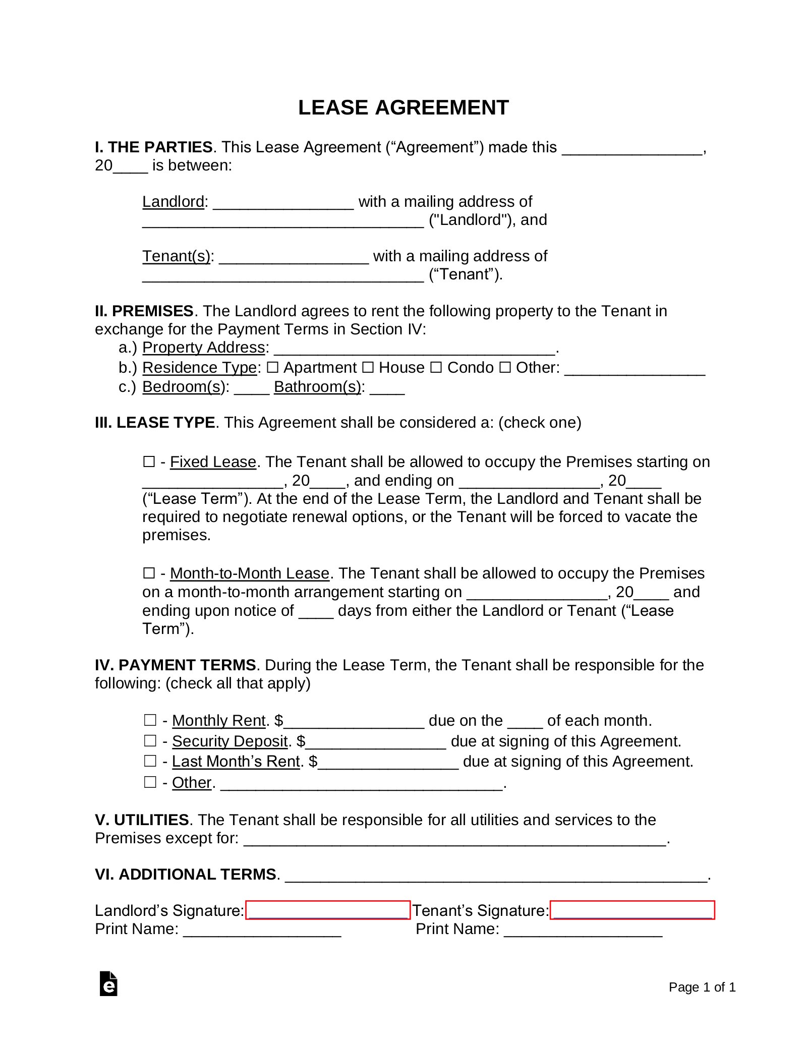 Free Simple 1-Page Lease Agreement Template | Sample - Pdf | Word for Blank Lease Agreement Free Printable