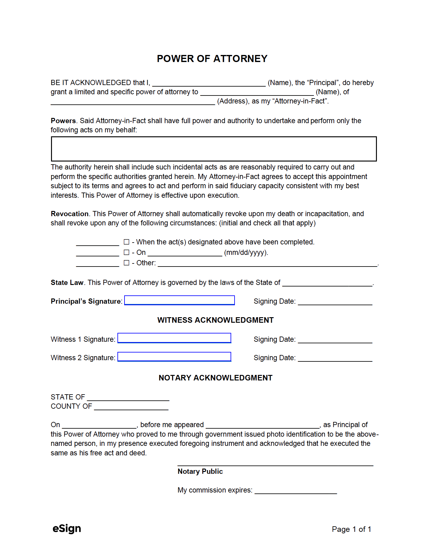 Free Simple (1-Page) Power Of Attorney Form | Pdf | Word inside Free Printable Power Of Attorney Forms