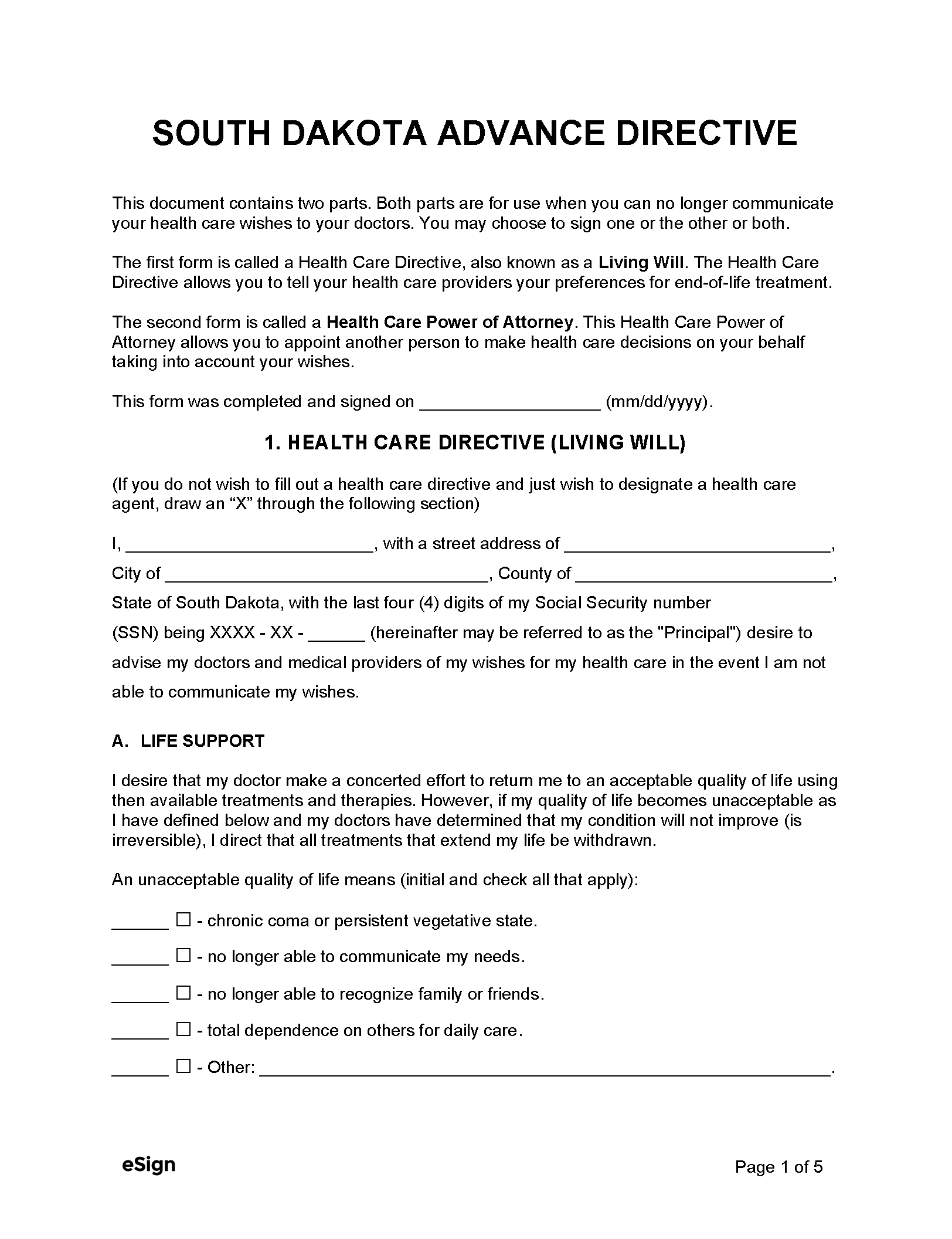 Free South Dakota Advance Directive Form | Pdf | Word within Free Printable Advance Directive Form