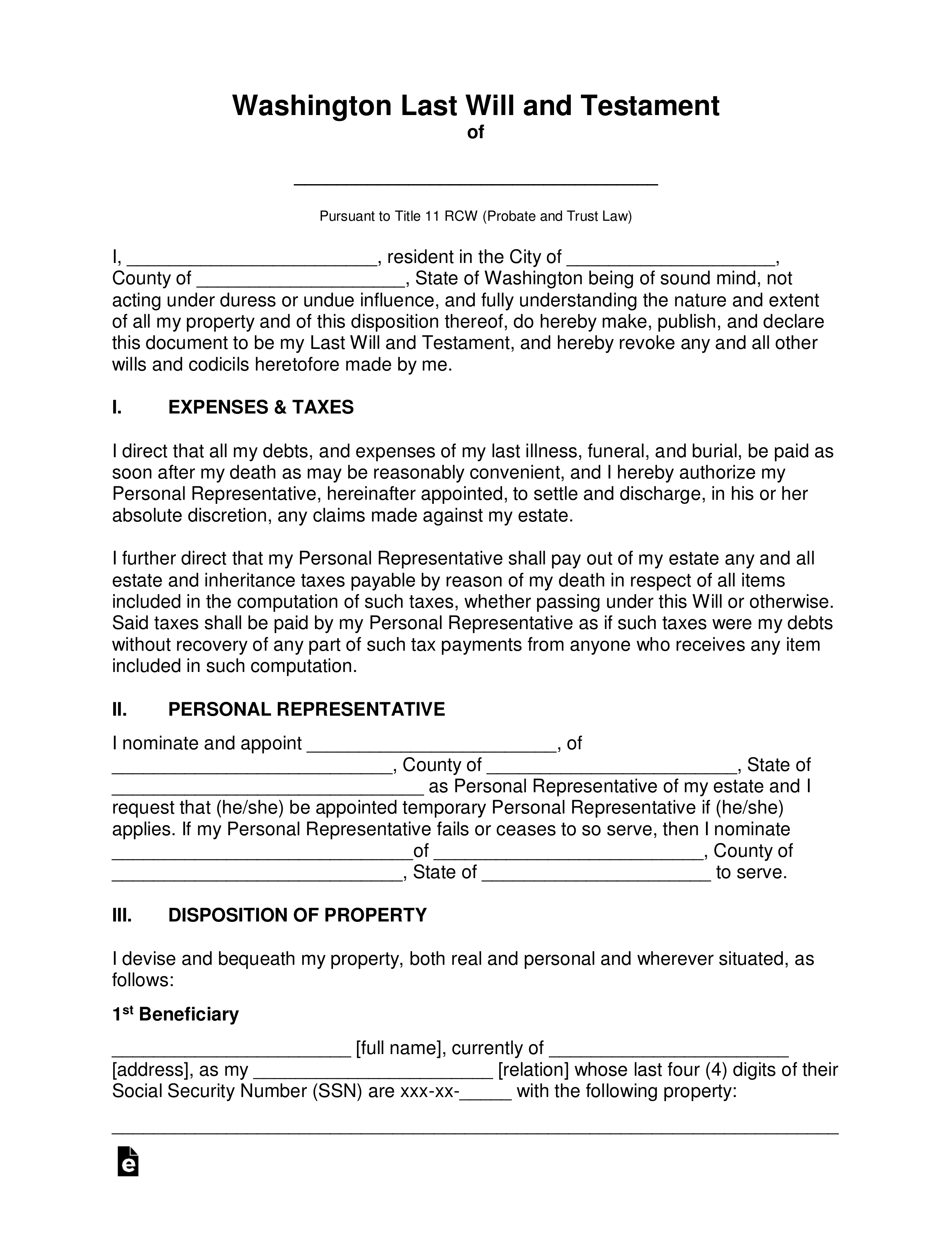 Free Washington Last Will And Testament Template - Pdf | Word – Eforms within Free Printable Living Will Forms Washington State