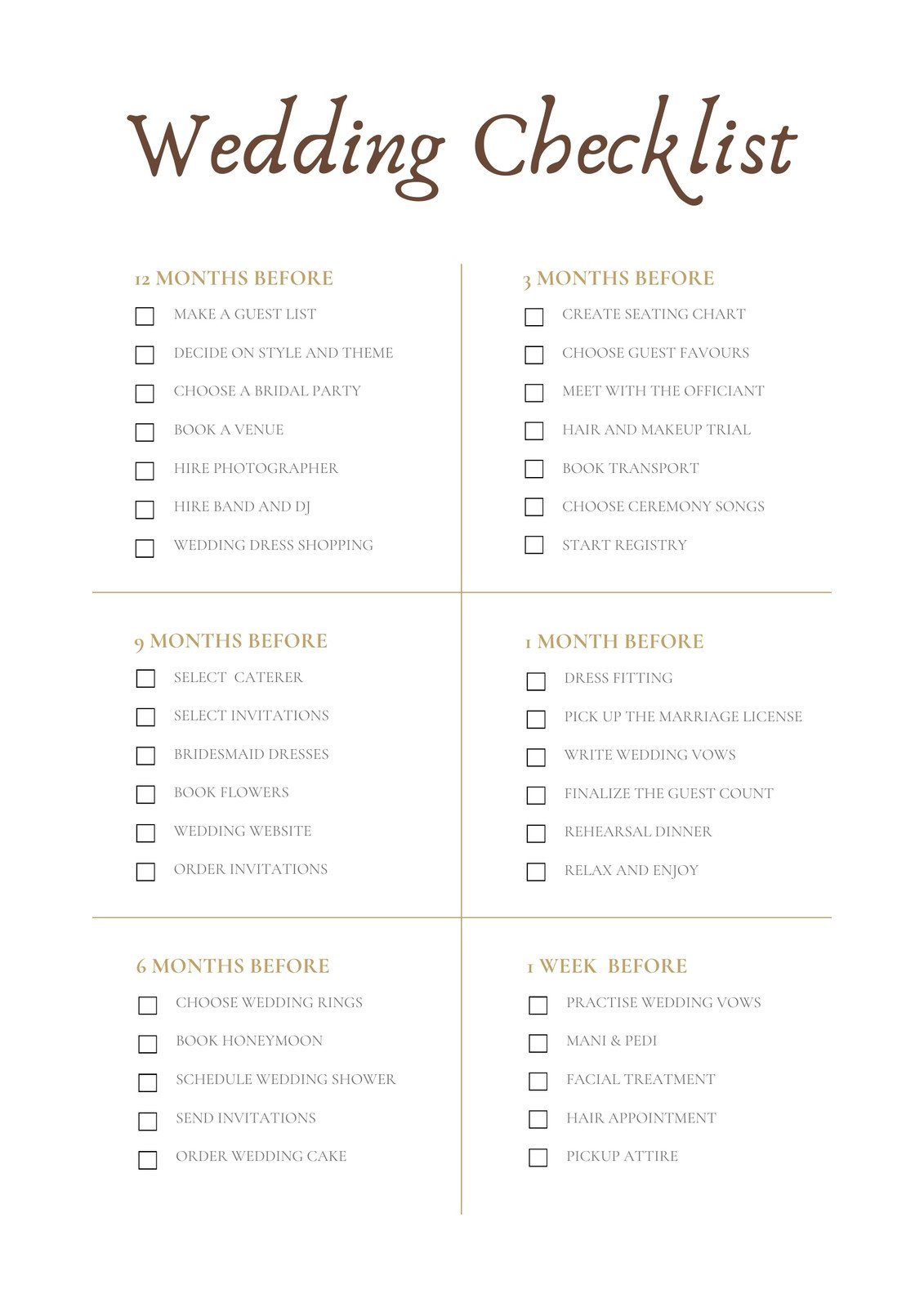 Free Wedding Checklist Templates To Edit And Print | Canva intended for Free Printable Wedding Checklist