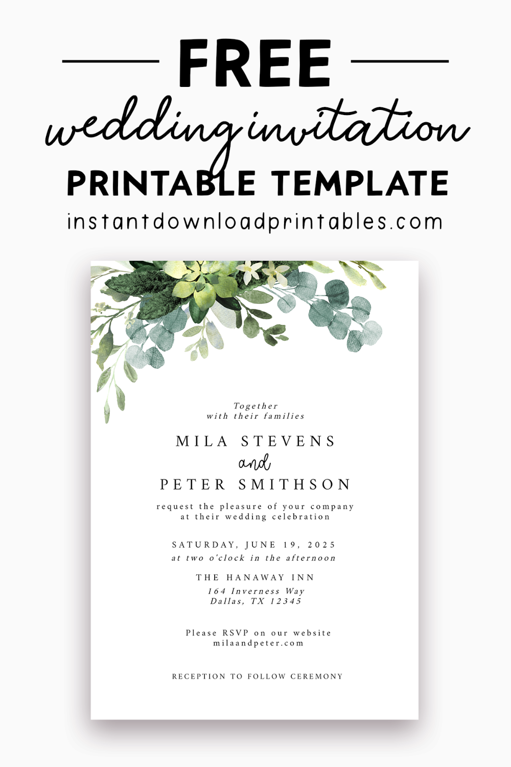 Free Wedding Invitation Template - Eucalyptus Green Leaves intended for Free Wedding Printables Templates