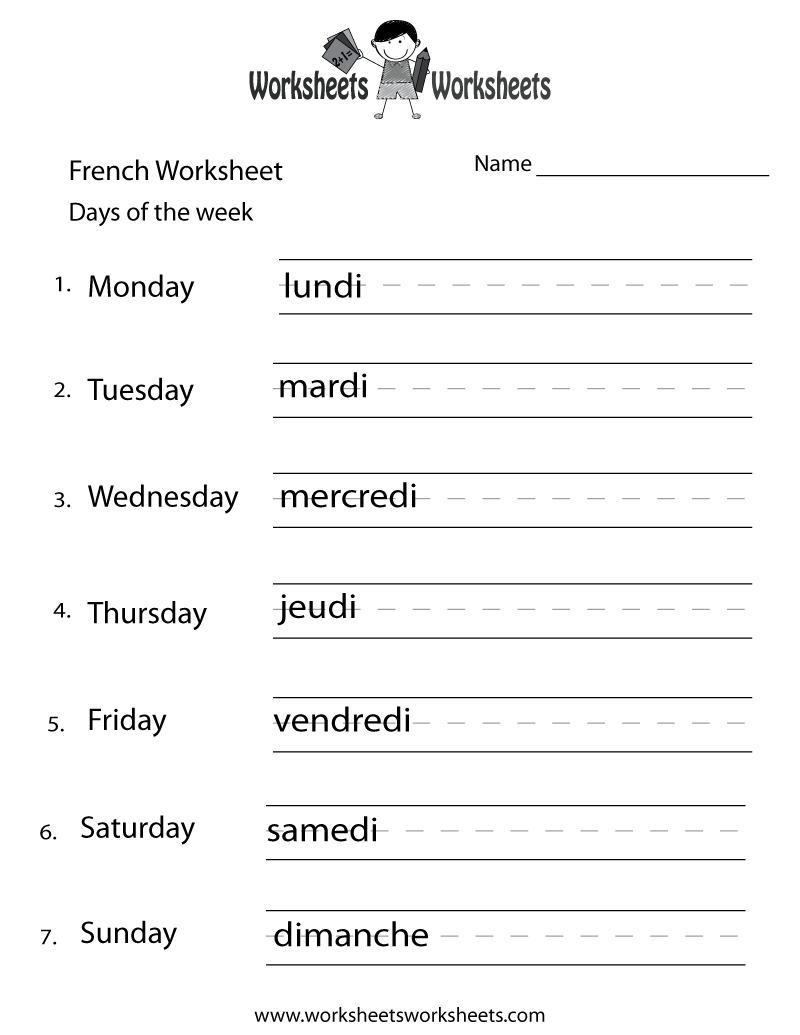 French Days Of The Week Worksheet | Worksheets Worksheets with Free Printable French Grammar Worksheets