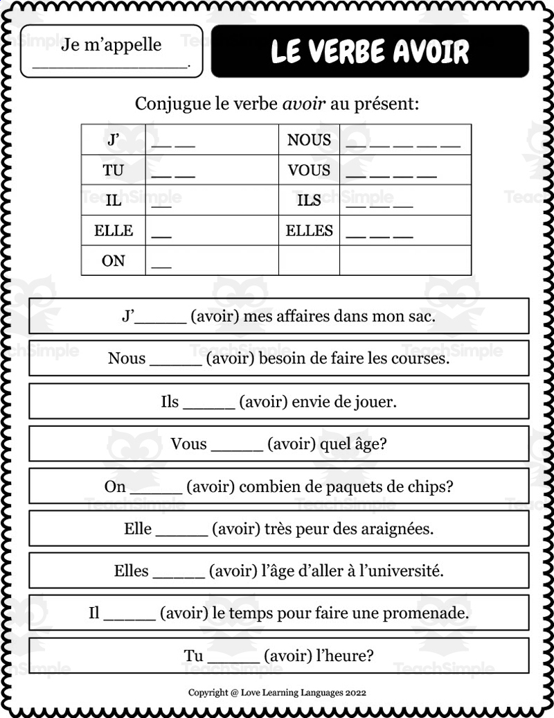 French: Verb Avoir Present Tense Worksheets regarding Free Printable French Grammar Worksheets