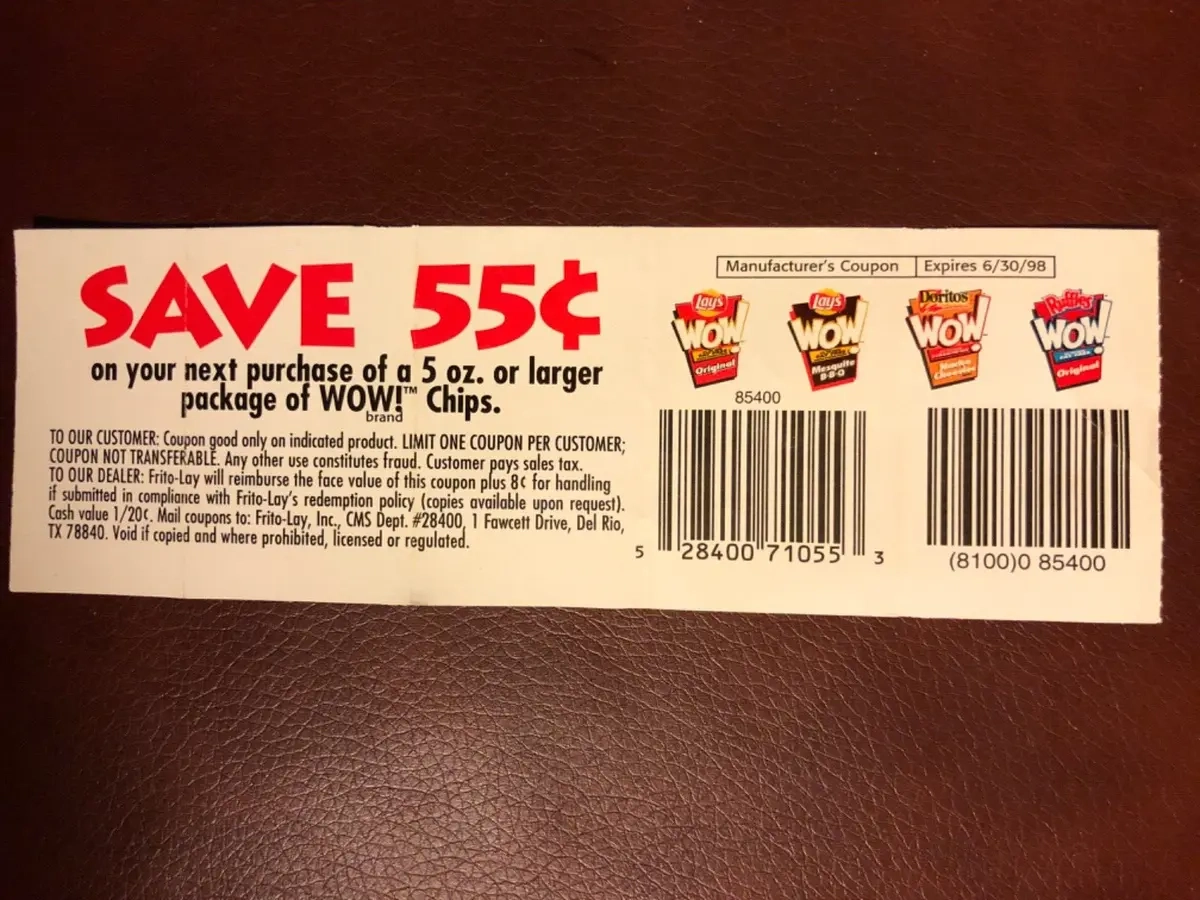 Frito Lay Wow Fat Free Potato Chips Advertising 55 Cent 6/30/98 Expired Coupon for Free Printable Frito Lay Coupons