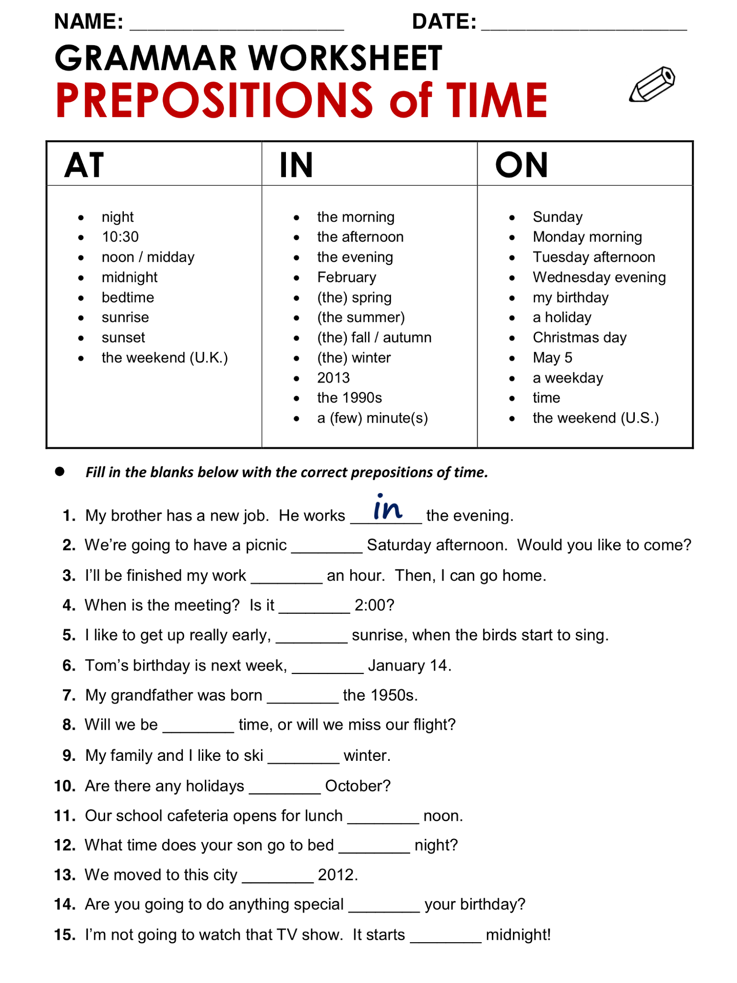 Fun English Grammar Worksheet: Prepositions Of Time in Free Printable ESL Grammar Worksheets