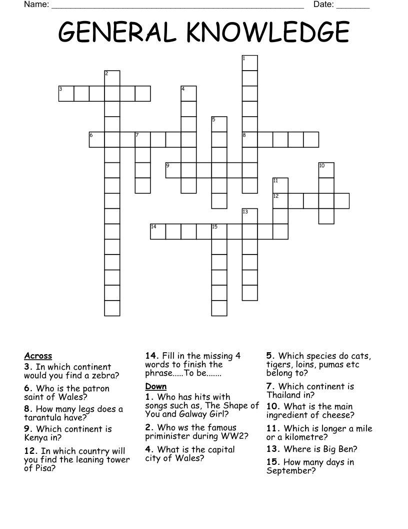 General Knowledge Crossword - Wordmint in Free Printable General Knowledge Crossword Puzzles