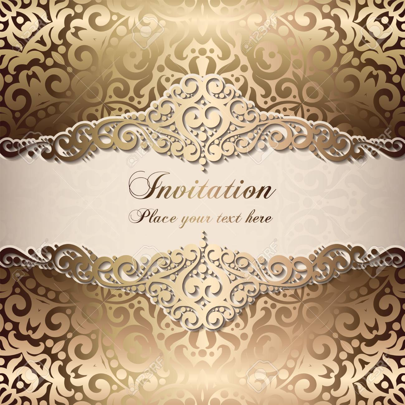 Gold Wedding Invitation Card Template Design With Damask Pattern for Free Printable Damask Place Cards