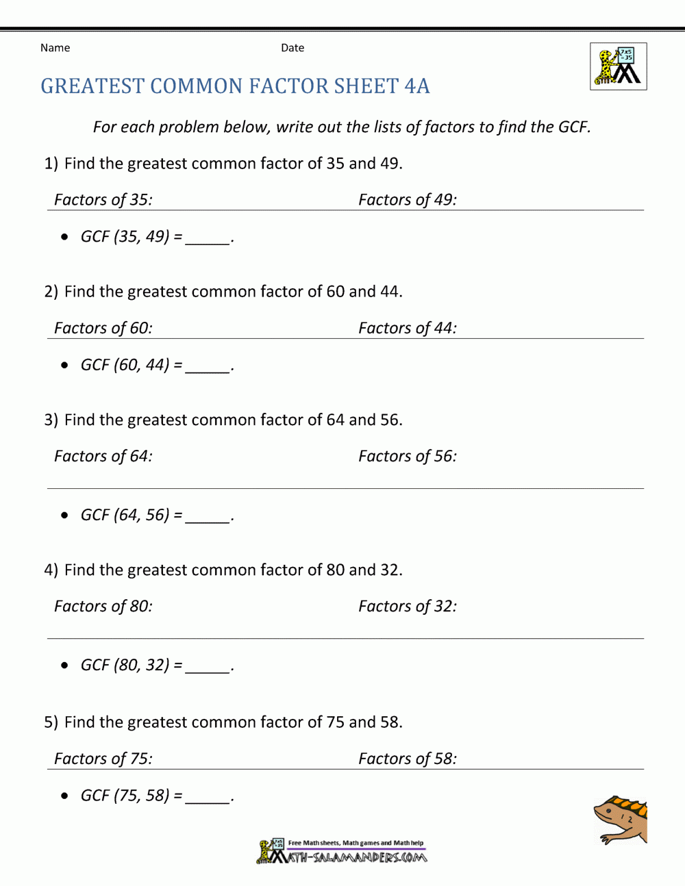 Greatest Common Factor Worksheet Page inside Free Printable Greatest Common Factor Worksheets