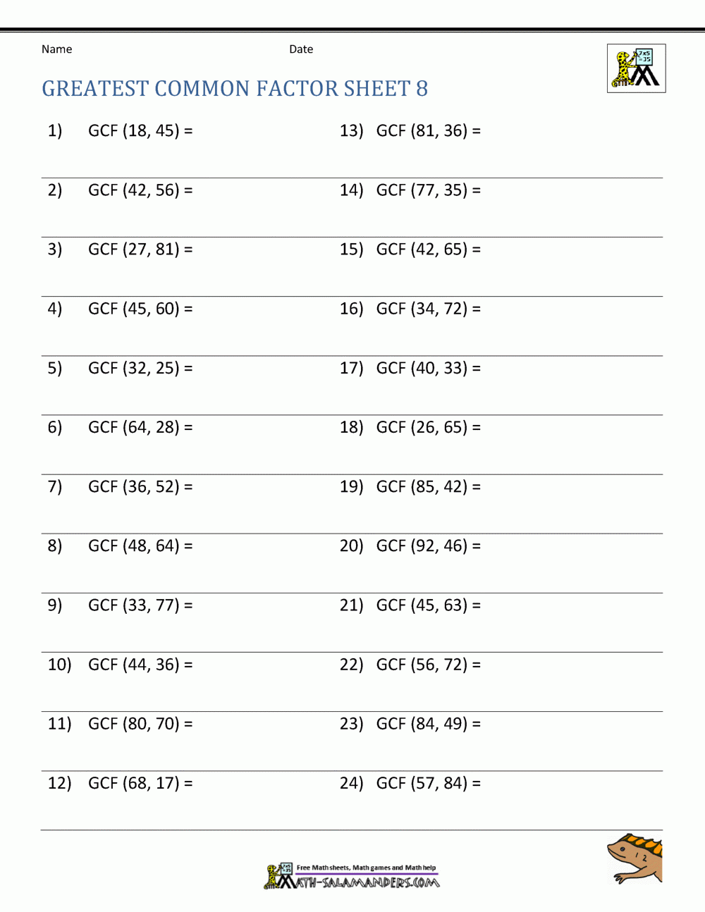 Greatest Common Factor Worksheet Page intended for Free Printable Greatest Common Factor Worksheets